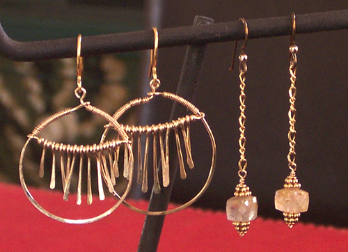 handmade hammered hoop, golden rutile earrings